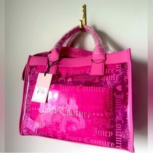 Juicy Couture Viral Beachin’ Pink Heart Clear Large Tote, 2 Piece Set NWOT